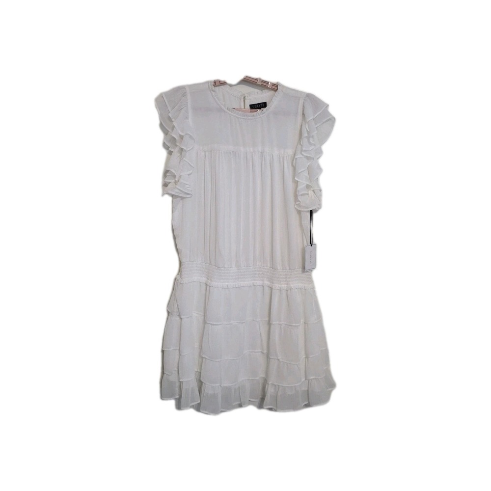 1. STATE Blouson Dress Womens XL White Flutter Sleeve Smocked RUFFLE BOTTOM